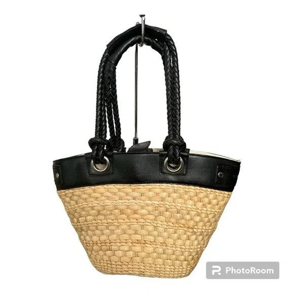Caribbean Joe Woven Tote & Satchel Bag Black & Beige Bag. #C - Picture 2 of 4